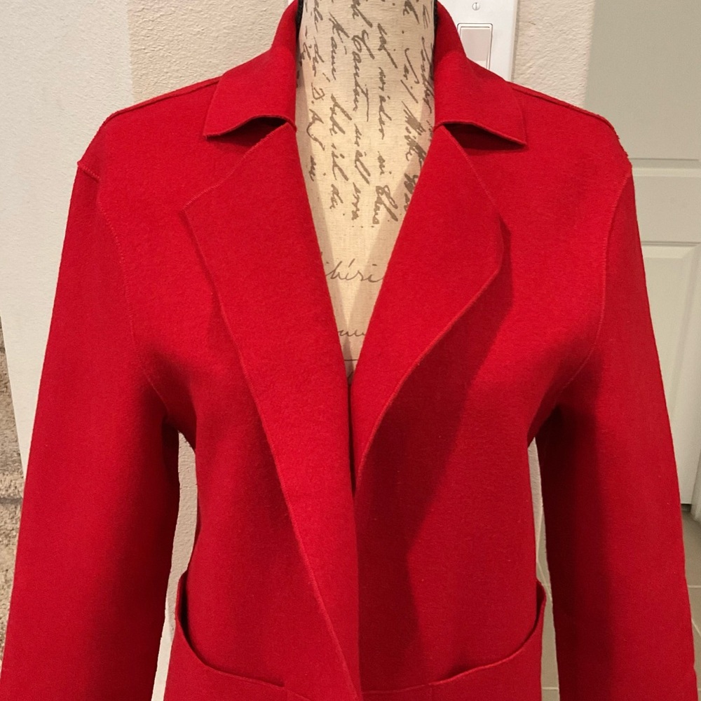 C. LUCE Bold Red Sz S Tailored Knee Length Coat Classic Lapel/Pockets